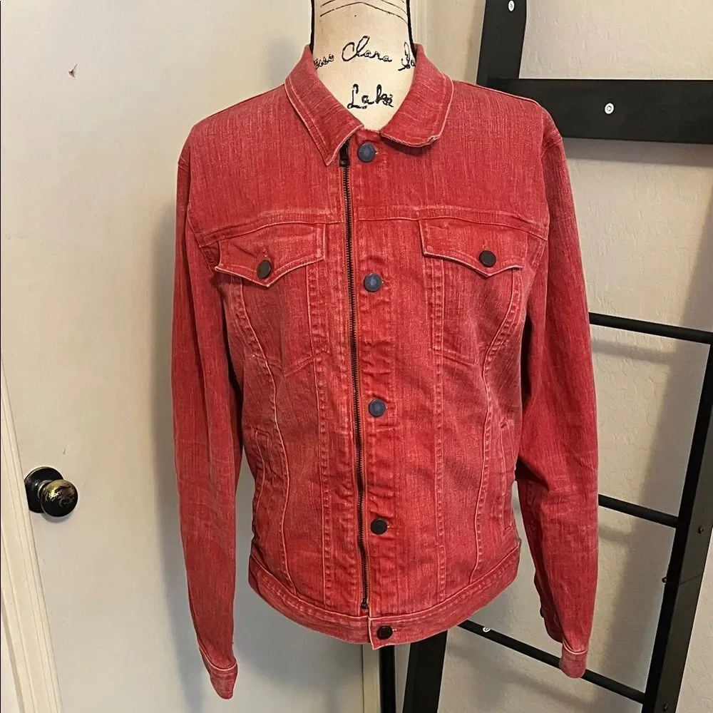 7 For All Mankind Red Distressed Denim Button Zip Closure Pockets Jacket Modern